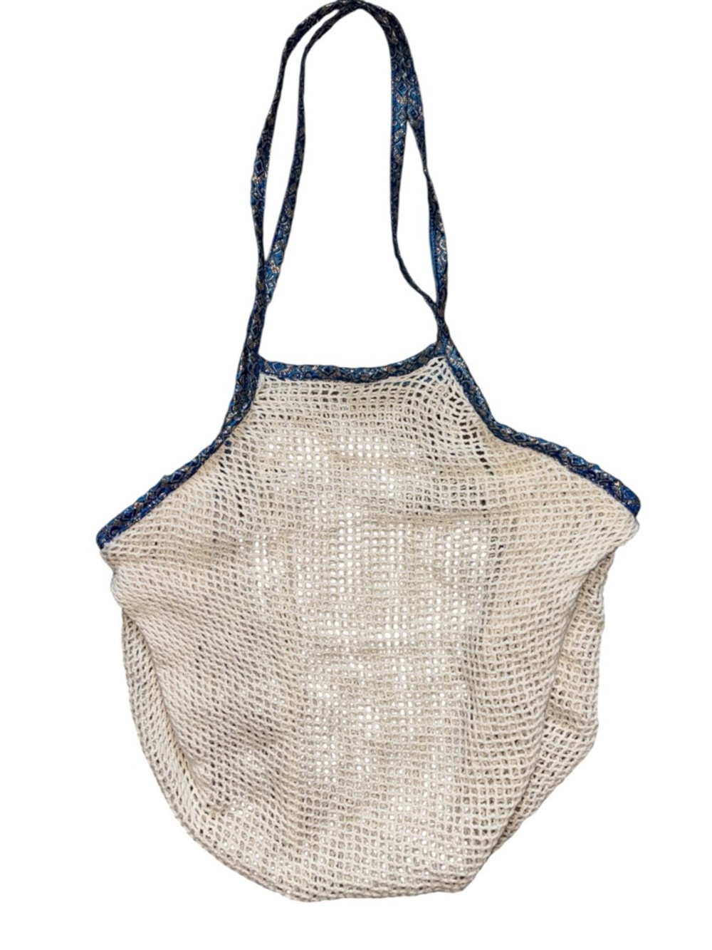 free people, Cream Mesh Tote with Blue Metallic Braided Trim